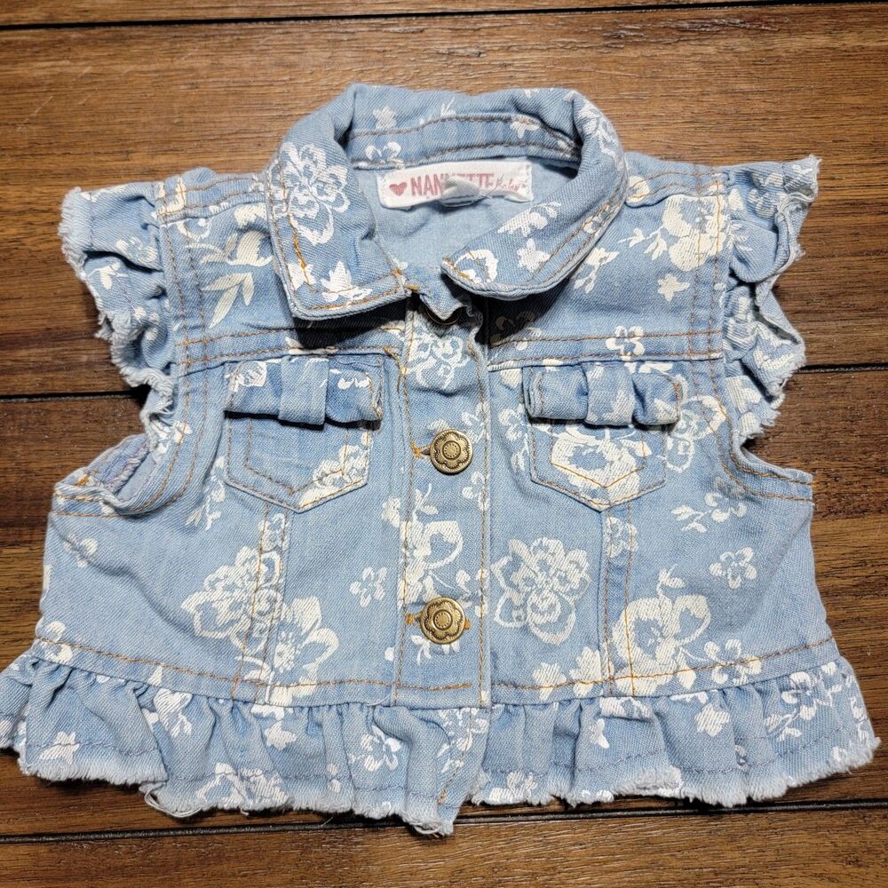 Nannette Baby Denim Vest Top w/ White Flowers - Size 6-9M